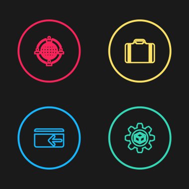 Cash 'i, Prodüksiyon Geliştirme' yi, Seyahat Bavulu 'nu ve Dış kaynak konsepti ikonunu ayarla. Vektör.