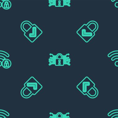 Siber güvenliği ayarlayın, kilitlenin ve işaretleyin ve Wifi kusursuz desene kilitlendi. Vektör.