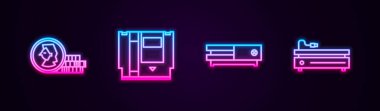 Oyun için çizgi Coin, Cartridge, video konsolu ve ayarlayın. Parlayan neon ikonu. Vektör.