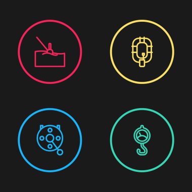 Balık tutmak için halat çevirme makarası, bahar ölçeği, şişme tekne ve yüzen balık ikonu. Vektör