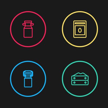 Süt için konteynır, un torbası, tam tohum, bitki ve ikon paketleri. Vektör