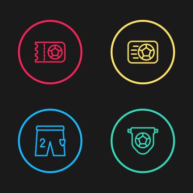 Futbol oynamak için kısa çizgi, futbol bayrağı flaması, futbol topu ve futbol bileti ikonu. Vektör