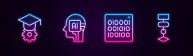 Çizgi derecelendirme başlığı, İnsanımsı robot, ikili kod ve Algoritma. Parlayan neon ikonu. Vektör
