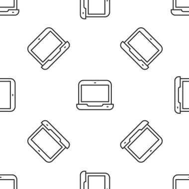 Gri çizgi dizüstü bilgisayar simgesi beyaz arkaplandaki kusursuz deseni izole etti. Boş ekran işaretli bilgisayar defteri. Vektör