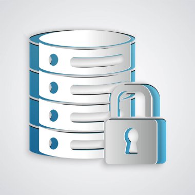 Kağıt kesme Sunucu güvenliği, gri arkaplanda kapalı asma kilit simgesi var. Güvenlik, güvenlik, koruma kavramı. Kağıt sanatı tarzı. Vektör