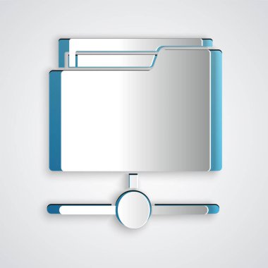 Kağıt kesiği FTP dizin simgesi gri arkaplanda izole edildi. Yazılım güncellemesi, transfer protokolü, yönlendirici, takım çalışması aracı yönetimi, kopyalama süreci, bilgi. Kağıt sanatı tarzı. Vektör