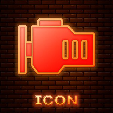 Parlayan neon kontrol motor simgesi tuğla duvar arka planında izole edildi. Vektör