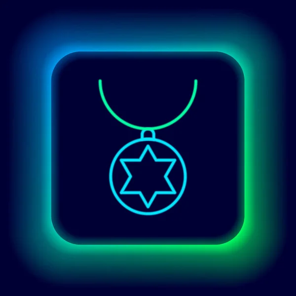 Glödande neon linje Star of David halsband på kedja ikon isolerad på svart bakgrund. Judisk religion. Israels symbol. Smycken och tillbehör. Färgstarkt skisskoncept. Vektor — Stock vektor