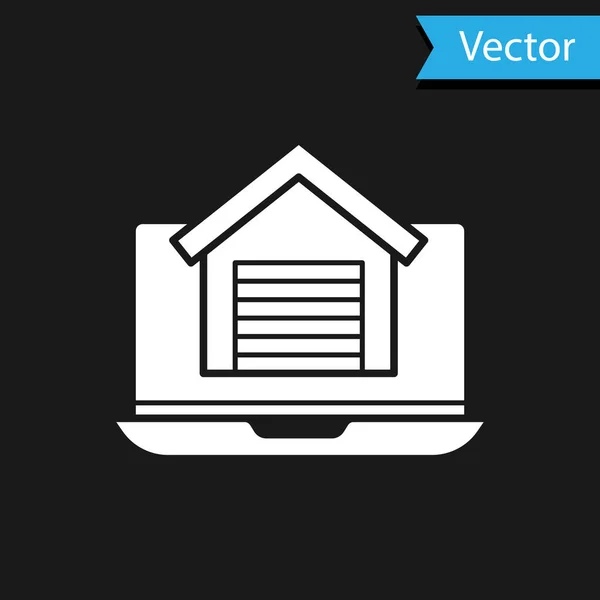 Белый дом недвижимости онлайн на иконке ноутбука, выделенной на черном фоне. Концепция жилищного кредита, аренда, покупка, покупка недвижимости. Вектор — стоковый вектор