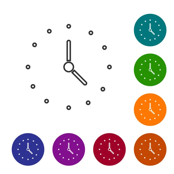 검은 선 Clock 아이콘은 흰색 배경에서 분리되었다. 시간의 상징. 아이콘을 색원 버튼에 넣는다. Vector — 스톡 벡터