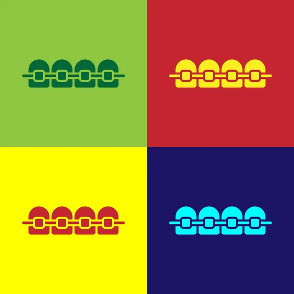 Pop art Fogszabályozó ikon elszigetelt színes háttér. Fogak beállítása, fogsor fogszabályzóval. Fogászati koncepció. Vektor — Stock Vector