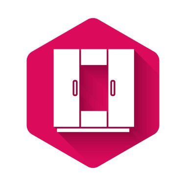 Beyaz Gardırop ikonu uzun gölgeli izole edilmiş. Pembe altıgen düğmesi. Vektör