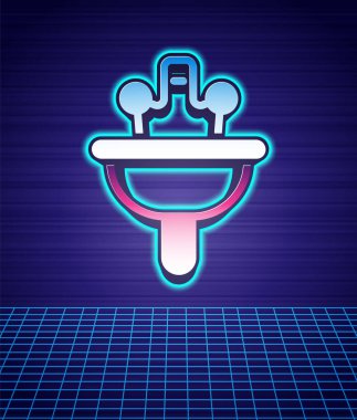 Su musluğu ikonuna sahip Retro stili Yıkama Havzası fütüristik manzara arkaplanı izole etti. 80 'lerin moda partisi. Vektör