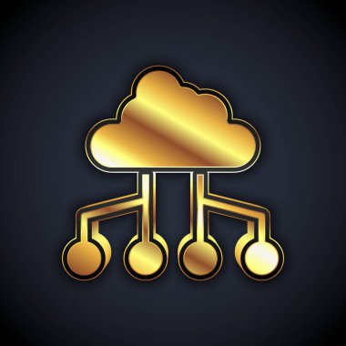 Gold Network bulut bağlantısı simgesi siyah arkaplanda izole edildi. Sosyal teknoloji. Bulut hesaplama konsepti. Vektör