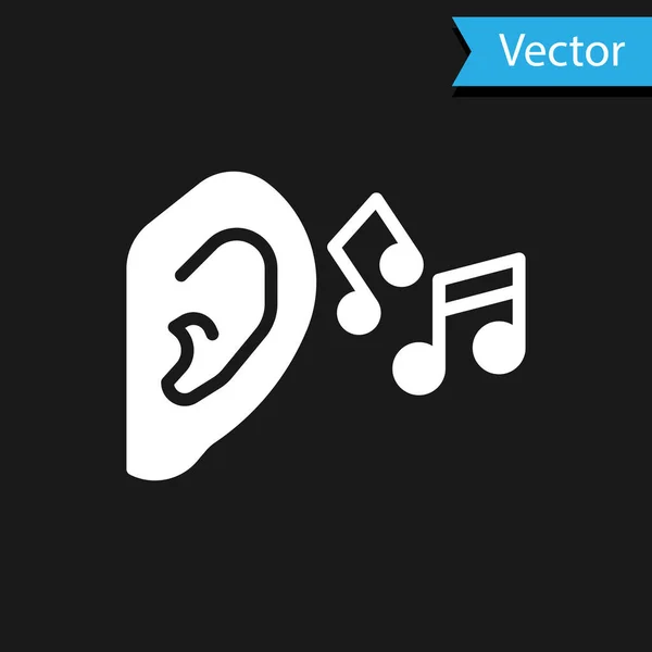 Orelha branca ouvir ícone de sinal de som isolado no fundo preto. Audição auricular. Vetor — Vetor de Stock