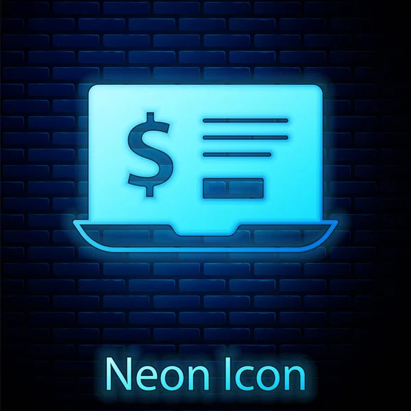 Glowing neon Laptop with dollar icon isolated on brick wall background. Sending money around the world, money transfer, online banking, financial transaction. Vector — Stock Vector