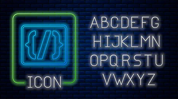 Leuchtende Neon-Syntaxsymbole der Programmiersprache isoliert auf Ziegelwand-Hintergrund. Syntax-Programmierdateisystem. Neonlicht-Alphabet. Vektor — Stockvektor