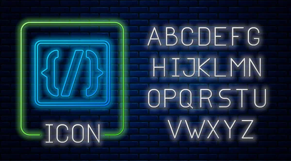 Lumineux néon Icône de syntaxe du langage de programmation isolée sur fond de mur de briques. Système de fichiers de programmation syntaxique. Alphabet néon. Vecteur — Image vectorielle