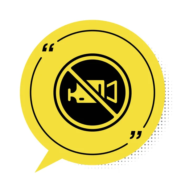 Black Prohibition signe aucune icône d'enregistrement vidéo isolée sur fond blanc. Symbole de bulle de parole jaune. Vecteur — Image vectorielle