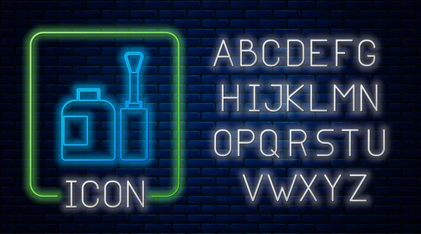 Leuchtende Neon-Flasche Nagellack-Symbol isoliert auf Backsteinwand Hintergrund. Neonlicht-Alphabet. Vektor — Stockvektor