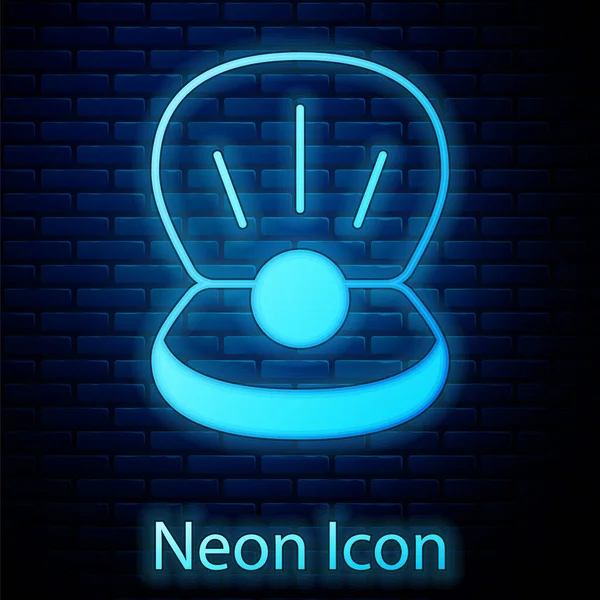 Zářící neon Přírodní otevřená skořápka s ikonou perly izolovanou na pozadí cihlové stěny. Hřebenatkové mušle. Nápis Seashell. Vektor — Stockový vektor