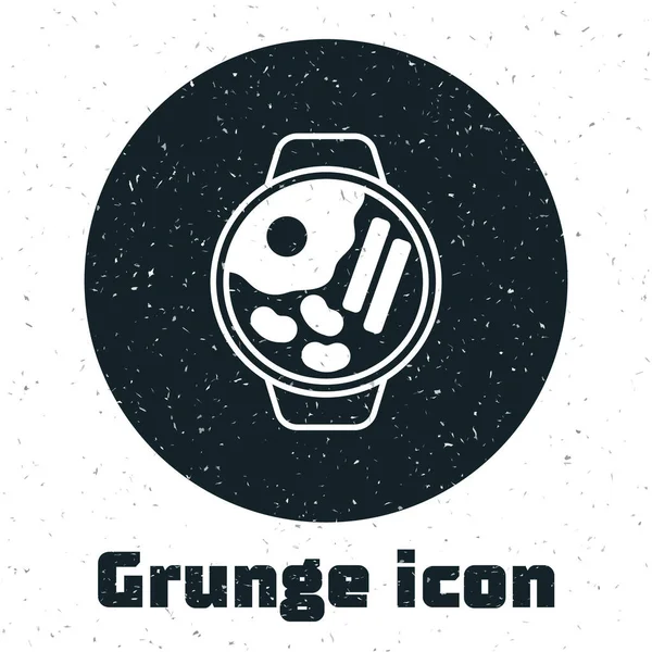 Mangkuk sup Grunge Ramen dengan ikon mie diisolasi pada latar belakang putih. Mangkuk sup mie Asia tradisional. Gambar vintage monokrom. Vektor - Stok Vektor