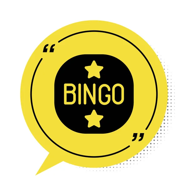 Ікона Black Bingo ізольована на білому тлі. Лотерейні квитки на американську гру бінго. Жовтий символ бульбашки мови. Вектор — стоковий вектор