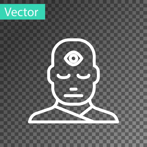 Witte lijn Man met derde oog pictogram geïsoleerd op transparante achtergrond. Het concept van meditatie, visie op energie, aura. Vector Illustratie — Stockvector