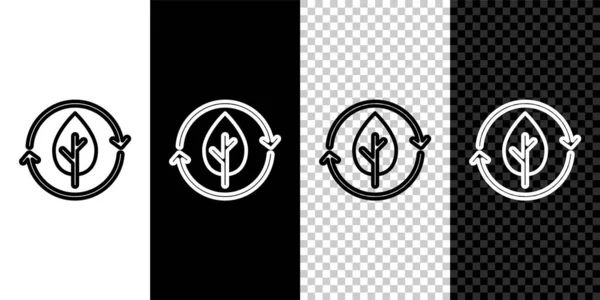 Установите символ "Recycle" и значок "Leaf" на черно-белом фоне. Окружающая среда пригодна для переработки. Вектор — стоковый вектор
