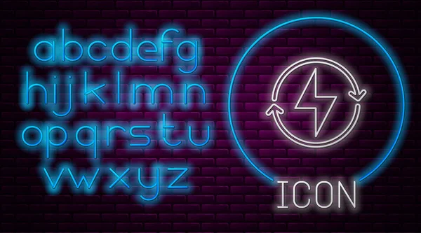 Gloeiende neon lijn Lightning bout pictogram geïsoleerd op baksteen muur achtergrond. Vlambordje. Laad flash icoon op. Een bliksemschicht. Verlichtingsstaking. Neon licht alfabet. Vector — Stockvector