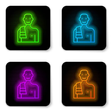 Sauna simgesindeki parlak neon çizgisi olan adam beyaz arka planda izole edildi. Siyah kare düğme. Vektör