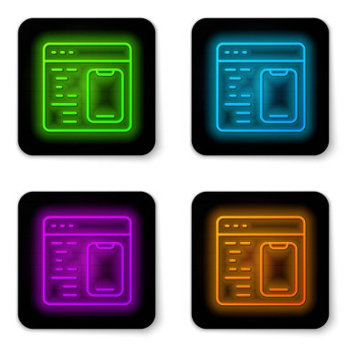 Parlayan neon hattı Yazılım, web geliştirici programlama kod simgesi beyaz arkaplanda izole edildi. Program kodunun rastgele bilgisayar betiği parçalarını Javascript et. Siyah kare düğme. Vektör