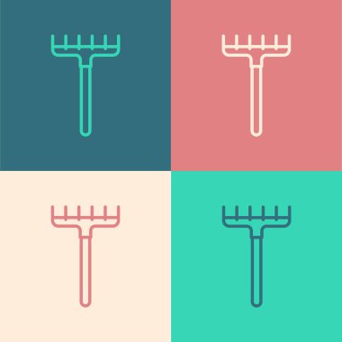 Pop sanat çizgisi tırmık ikonu renk arkaplanında izole edilmiş. Bahçecilik, tarım, çiftçilik aleti. Toprak işçisi. Temizlik ekipmanları. Vektör