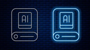 Parlayan neon hattı yapay zeka simgesi tuğla duvar arka planında izole edildi. Makine öğrenme, bulut hesaplama, otomatik destek ve ağlar. Vektör