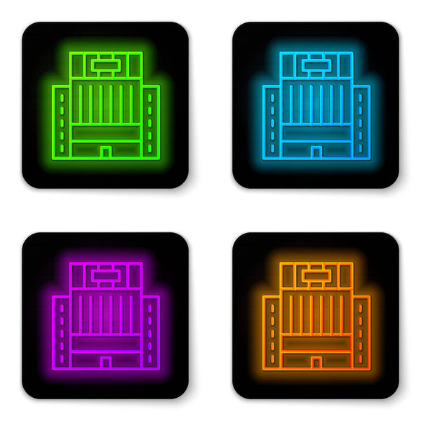 Glowing neon line Hotel Ukraina building icon isolated on white background. Black square button. Vector
