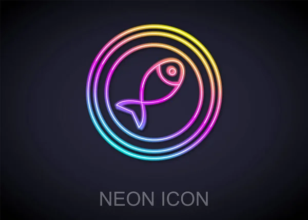 Leuchtende Neon-Linie Serviert Fisch auf einem Teller Symbol isoliert auf schwarzem Hintergrund. Vektor — Stockvektor