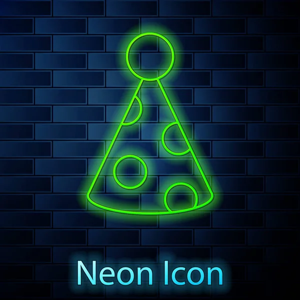 Leuchtende Neon-Linie Party Hut Symbol isoliert auf Backsteinwand Hintergrund. Geburtstagshut. Vektor — Stockvektor