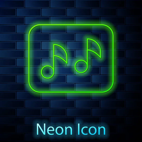 Brillante línea de neón Nota musical, icono de tono aislado en el fondo de la pared de ladrillo. Vector — Vector de stock