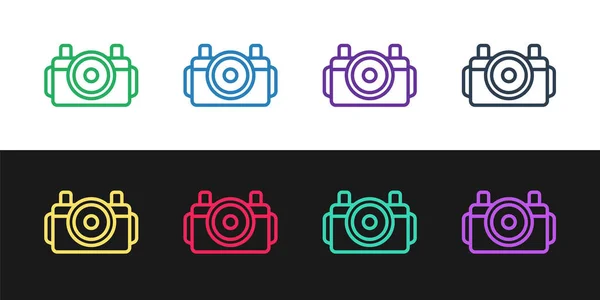 Set line Photo camera for diver icon isolated on black and white background. Foto camera icon. Diving underwater equipment. Vector — Stock Vector