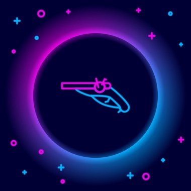 Siyah zemin üzerinde parlayan neon çizgisi Vintage tabanca simgesi izole edildi. Eski bir silah. Renkli taslak konsepti. Vektör