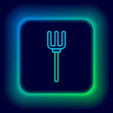 Parlayan neon hattı bahçe yabası simgesi siyah arkaplanda izole edildi. Bahçe çatalı işareti. Bahçecilik, tarım, çiftçilik aleti. Renkli taslak konsepti. Vektör