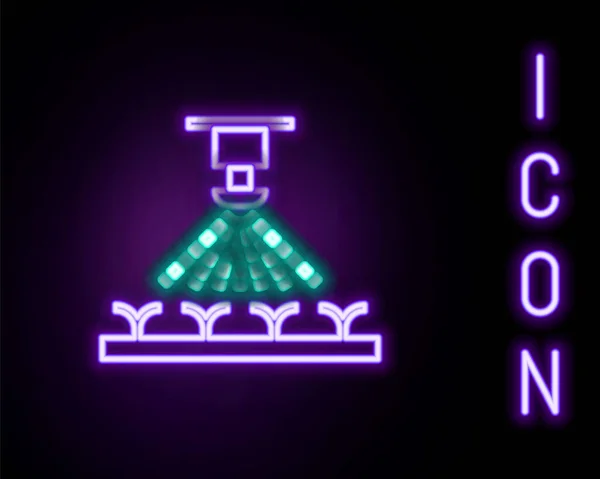 Leuchtende Neon Linie Automatische Bewässerungsregner Symbol Isoliert Auf Schwarzem Hintergrund — Stockvektor