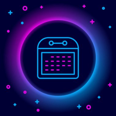 Parlayan neon çizgisi takvim simgesi siyah arkaplanda izole edildi. Olay hatırlatma sembolü. Renkli taslak konsepti. Vektör
