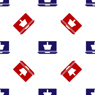 Ekran dizüstü bilgisayar simgesinde mavi ve kırmızı alışveriş sepeti beyaz arkaplanda izole edilmiş kusursuz desen. Konsept e-ticaret, e-ticaret, online iş pazarlama. Vektör İllüstrasyonu.