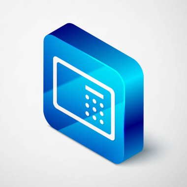 Gri arkaplanda izole edilmiş Isometric Güvenli simgesi. Kapı, şifreli bir banka kasası. Güvenilir Veri Koruma. Mavi kare düğme. Vektör.