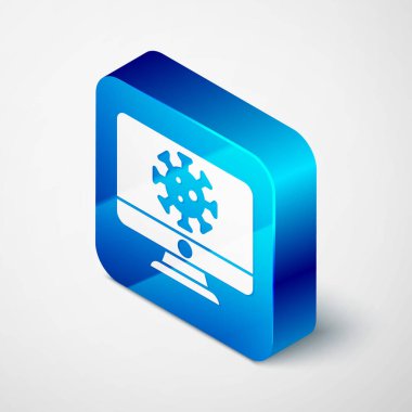 İzometrik virüs istatistikleri gri arkaplanda izole edilmiş monitör simgesi. Corona virüsü 2019-nCoV. Bakteri ve mikroplar, hücre kanseri, mikrop, mantar. Mavi kare düğme. Vektör..
