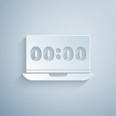 Gri arkaplanda, dizüstü bilgisayar üzerindeki kağıt kesiği saat simgesi izole edildi. Program kavramları. Kağıt sanatı tarzı. Vektör.