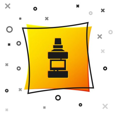 Siyah ağız gargarası plastik şişe ve beyaz arka planda izole edilmiş cam ikon. Ağzını çalkalamak için sıvı. Ağız bakım ekipmanları. Sarı kare düğme. Vektör.