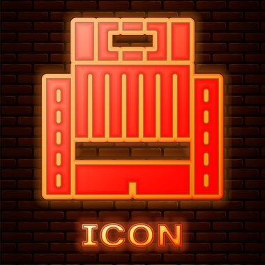Parlayan neon rengi Ukrayna Oteli ikonu tuğla duvar arkasında izole edilmiş. Vektör.