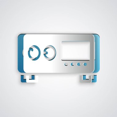 Kağıt kesiği Gitar amplifikatörü simgesi gri arkaplanda izole edildi. Müzik aleti. Kağıt sanatı tarzı. Vektör.